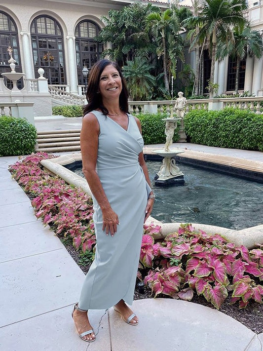 Stretching Crepe pleated V-neck sleeveless knee length bridal mother formal dress