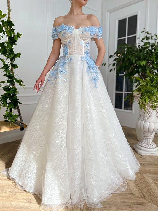 A-line Elegant Princess Lace Handmade Flower Off the Shoulder Sleeveless Floor Dress