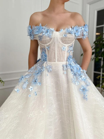 A-line Elegant Princess Lace Handmade Flower Off the Shoulder Sleeveless Floor Dress
