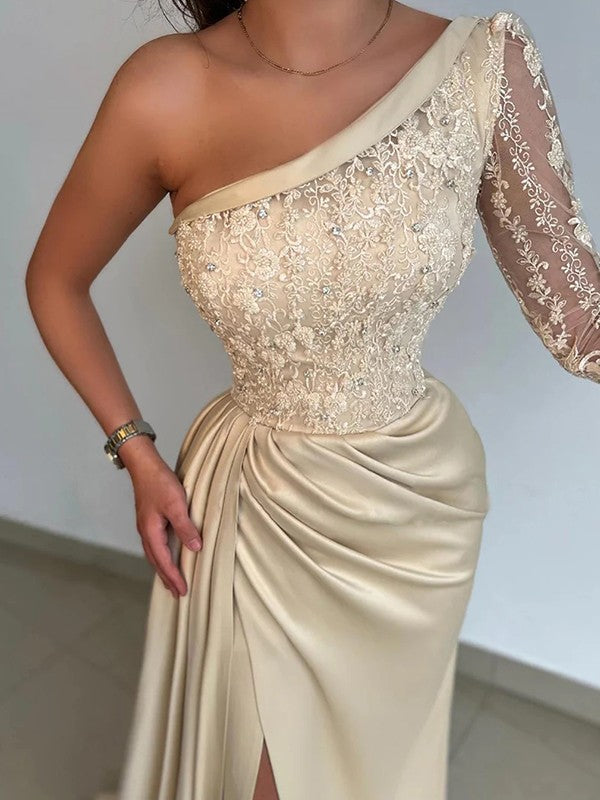 Column shaped elastic woven satin lace up single shoulder long sleeved brush dress