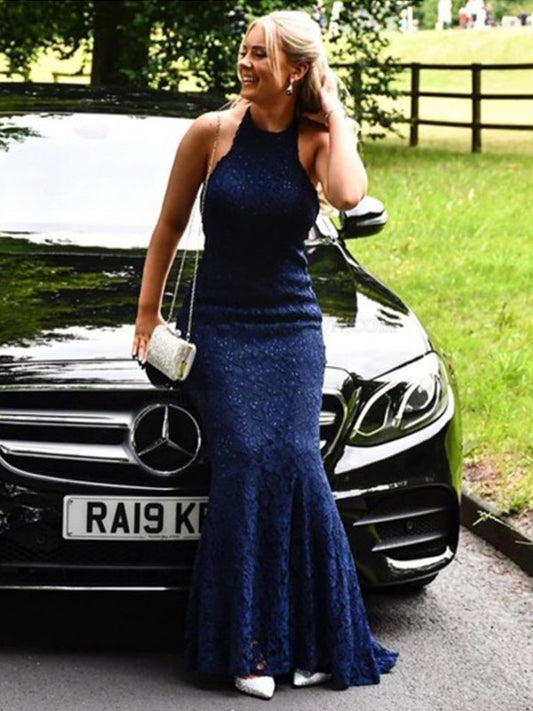 Halter Sleeveless Brush Skirt with Sheath Column Lace