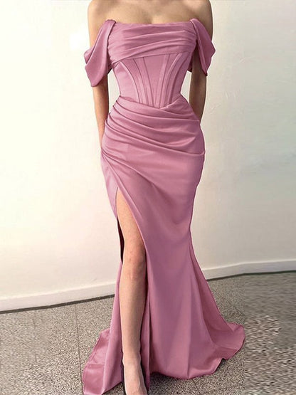 Cylindrical Silk Satin Off Shoulder Sleeveless Sweeping Shoulder Evening Dress