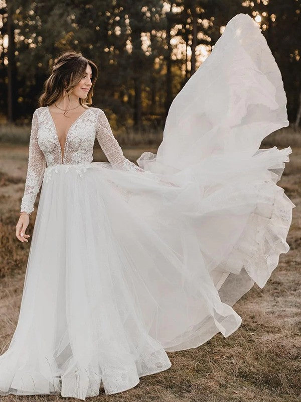 A-line Elegant Princess Tulle Sticker Hollow Long sleeved Church Style Train Wedding Dress