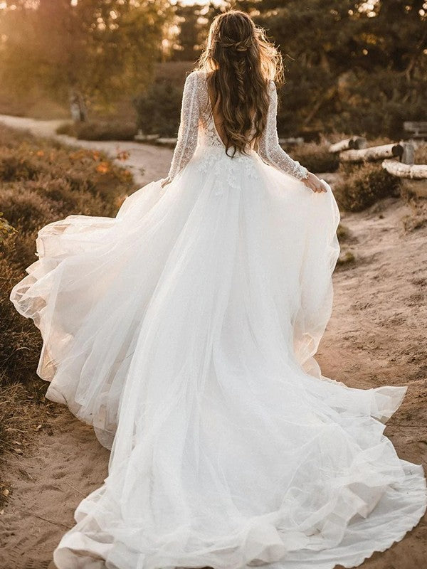 A-line Elegant Princess Tulle Sticker Hollow Long sleeved Church Style Train Wedding Dress