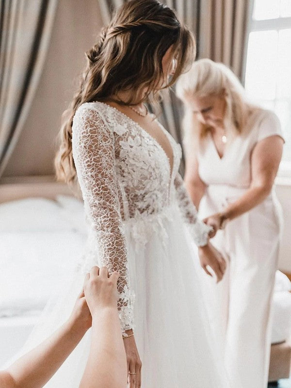 A-line Elegant Princess Tulle Sticker Hollow Long sleeved Church Style Train Wedding Dress