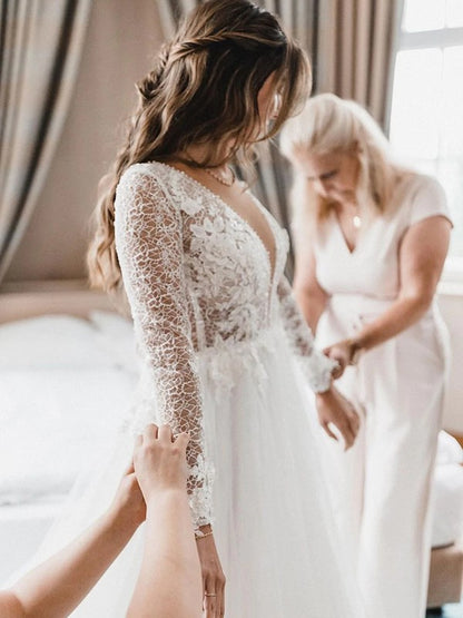A-line Elegant Princess Tulle Sticker Hollow Long sleeved Church Style Train Wedding Dress