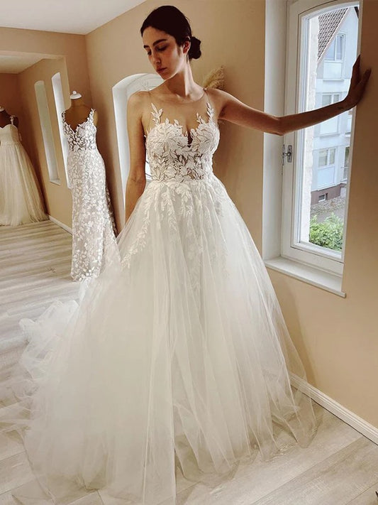 Sweet Princess Tulle Sticker Scoop Sleeveless Church Skirt Wedding Dress