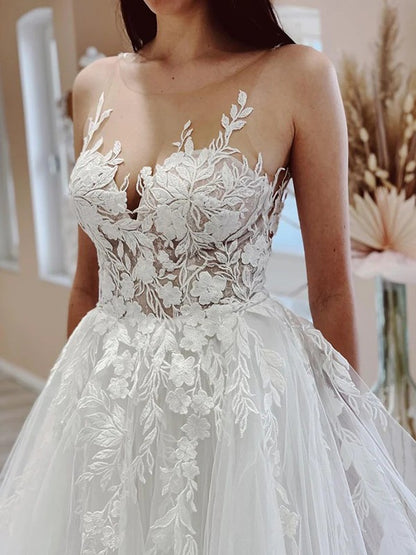 Sweet Princess Tulle Sticker Scoop Sleeveless Church Skirt Wedding Dress