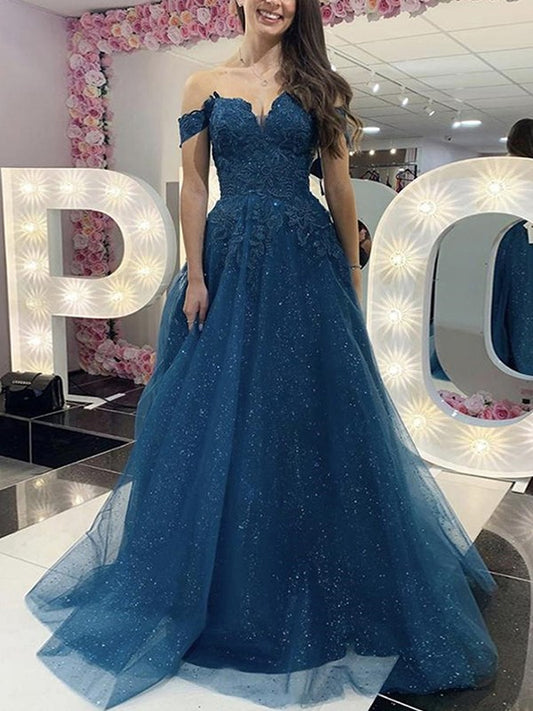 A-line Princess Flower Sexy Off the Shoulder Sleeveless Sweeping Shoulder Dress