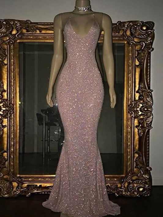 Columnar sexy V-neck sleeveless brush style formal dress