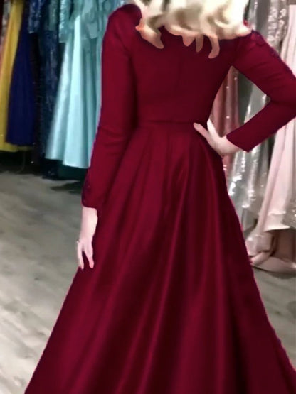 A-line Princess satin ruffled V-neck long sleeved floor mopping formal dress