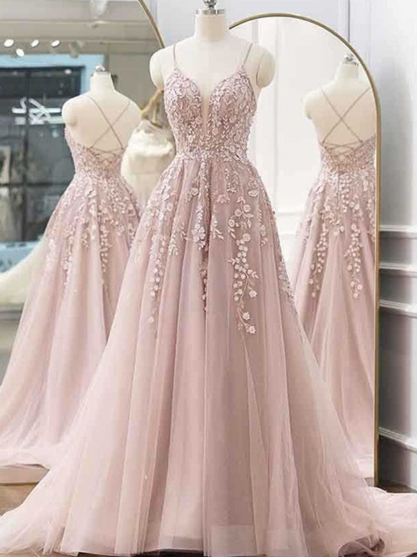 A-line Princess Tulle Applique Sexy V-neck Sleeveless Bra Dress