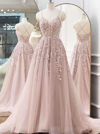 A-line Princess Tulle Applique Sexy V-neck Sleeveless Bra Dress
