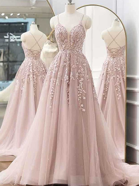 A-line Princess Tulle Applique Sexy V-neck Sleeveless Bra Dress