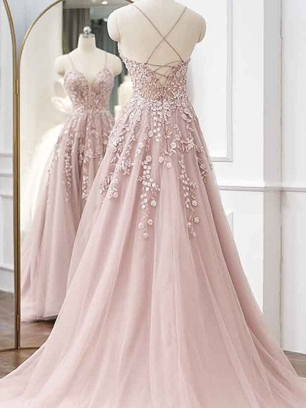 A-line Princess Tulle Applique Sexy V-neck Sleeveless Bra Dress