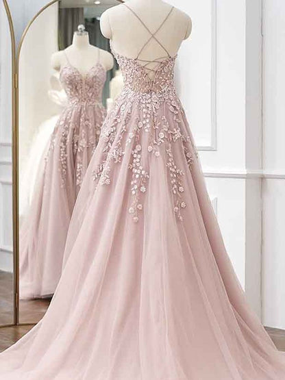 A-line Princess Tulle Applique Sexy V-neck Sleeveless Bra Dress