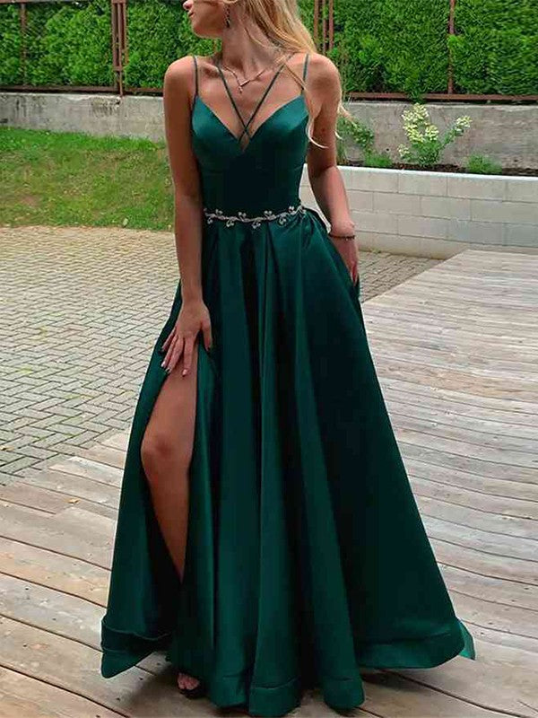 Princess elastic woven satin spaghetti shoulder strap sleeveless brush train skirt