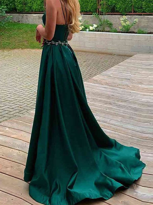 Princess elastic woven satin spaghetti shoulder strap sleeveless brush train skirt