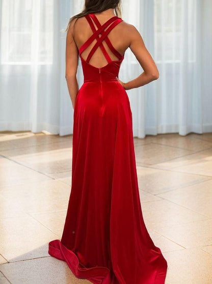 A-line skirt sexy princess velvet V-neck sleeveless brush train skirt