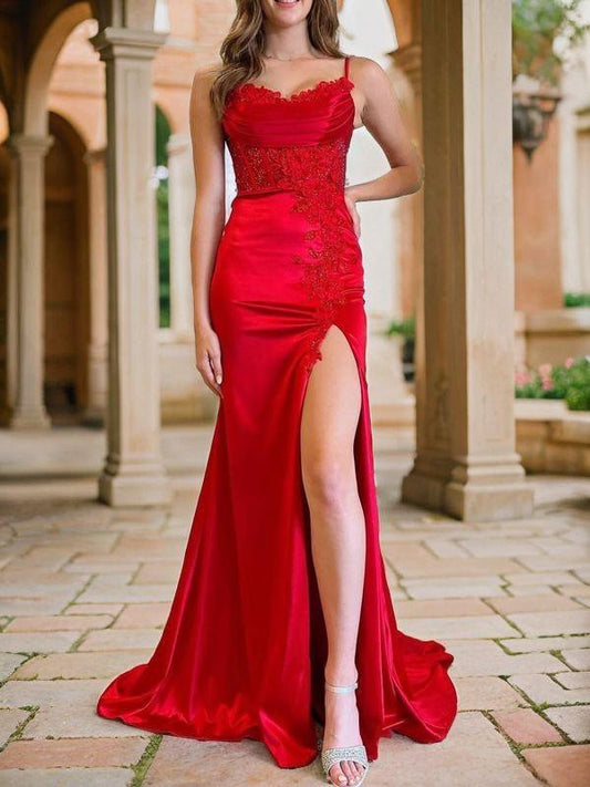 Pillar shaped silk satin inlaid spaghetti strap sleeveless brush style skirt