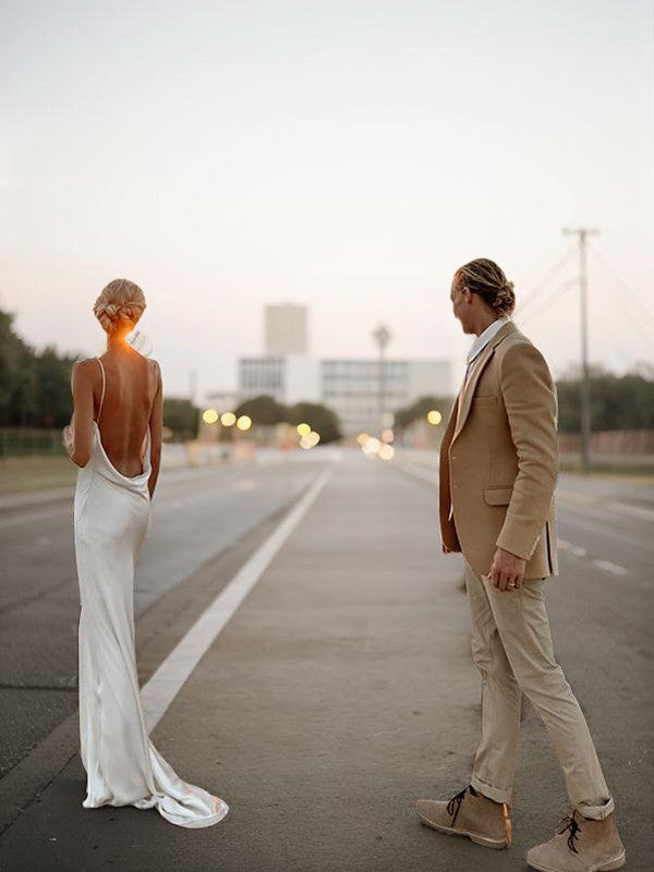 Cylindrical elastic woven satin V-neck sleeveless brush train wedding dress