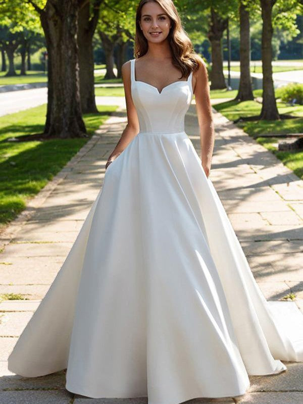 A-line Sweet Princess Satin Lace Sleeveless Palace Dress Wedding Dress