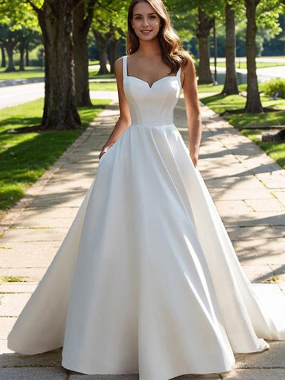 A-line Sweet Princess Satin Lace Sleeveless Palace Dress Wedding Dress