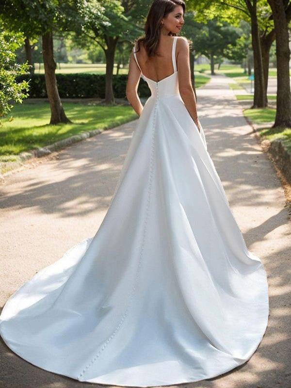 A-line Sweet Princess Satin Lace Sleeveless Palace Dress Wedding Dress