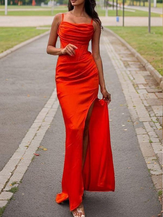 Columnar NS elastic woven satin pleated Italian spaghetti strap sleeveless evening dress