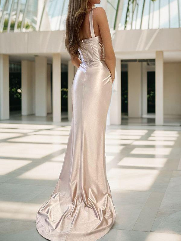Cylindrical silk satin pleated V-neck sleeveless evening bra