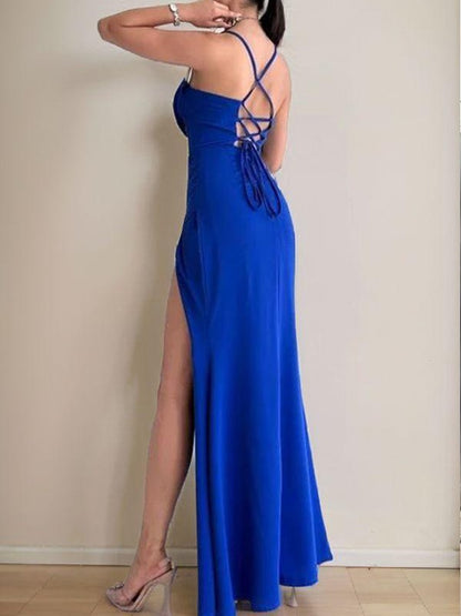 Cylindrical elastic woven satin pleated Italian spaghetti strap sleeveless floor mop tight evening corset