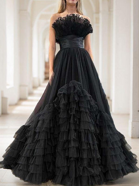 A-line sheer ruffled sleeveless formal court party dress