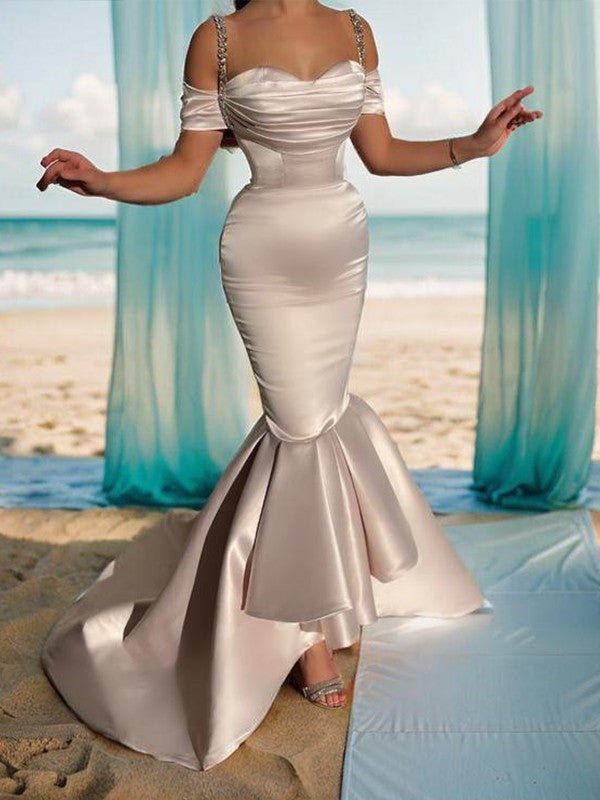 Slim fit sexy mermaid satin pleated shoulder strap sleeveless brushed train skirt