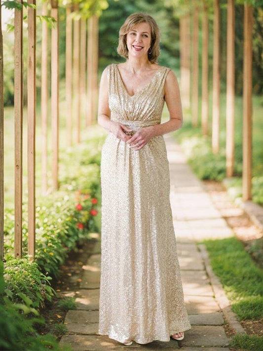 Sweet Princess Sequin Pleated V-neck Sleeveless Floor Sweeping Bride Mom Dress