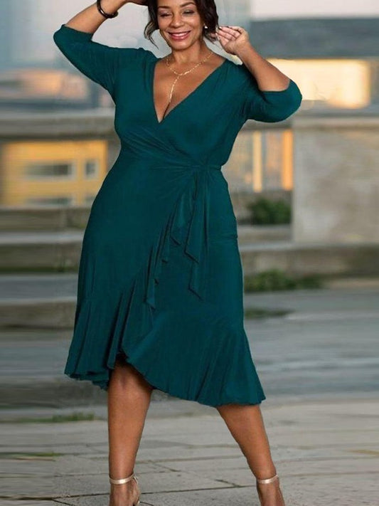 A-line Princess Silk Ruffle Edge V-neck Tea Long Bride Mom Dress