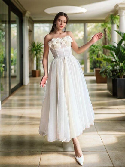 A-line skirt sweet princess sheer handmade flower sleeveless knee length Corset dress