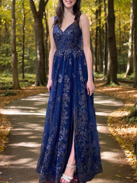 A-line Sweet Princess Tulle Applique V-neck Sleeveless Floor Sweeping Party Ball Dress