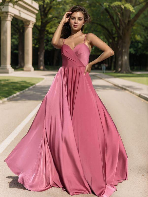 Sweet Princess Elastic Woven Satin Pleated Italian Noodle Strap Floor Dress