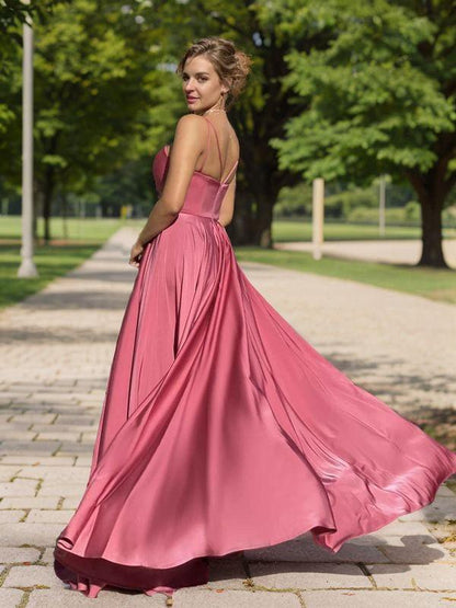 Sweet Princess Elastic Woven Satin Pleated Italian Noodle Strap Floor Dress