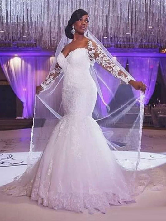 Small mermaid long sleeved sweet sheer wedding dress