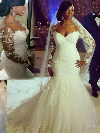 Small mermaid long sleeved sweet sheer wedding dress