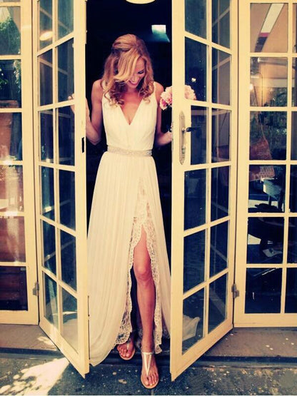 A-line Princess V-neck Bra Dress Sleeveless Beaded Chiffon Wedding Dress