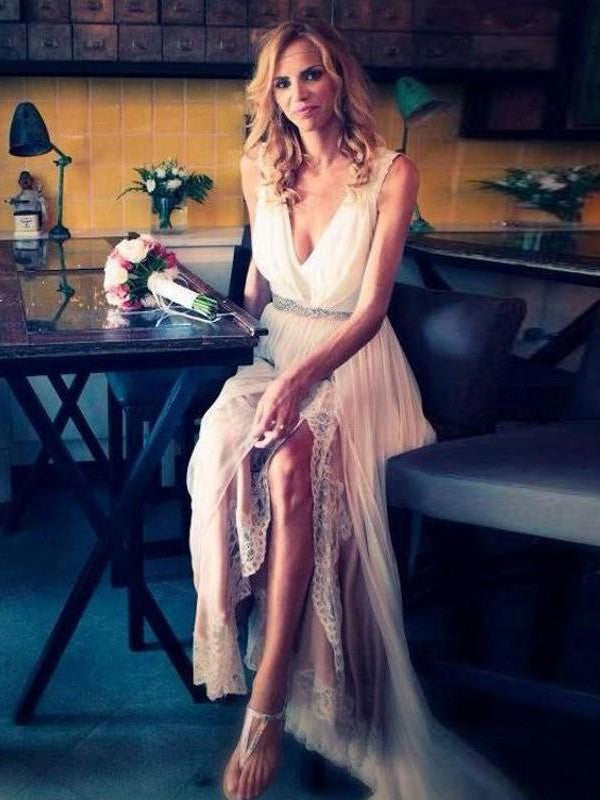 A-line Princess V-neck Bra Dress Sleeveless Beaded Chiffon Wedding Dress