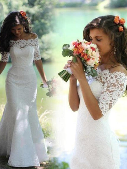 Small mermaid sexy off shoulder lace court dress wedding dress