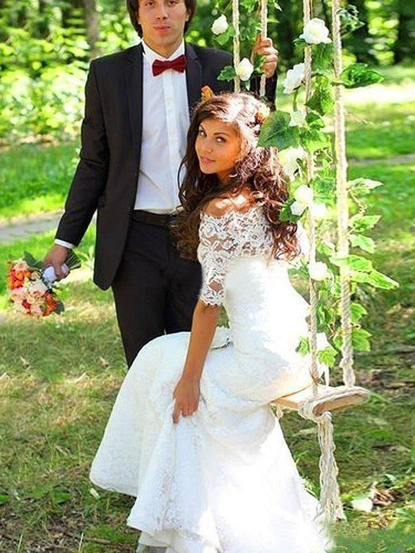 Small mermaid sexy off shoulder lace court dress wedding dress