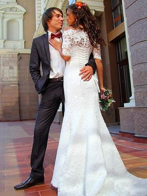 Small mermaid sexy off shoulder lace court dress wedding dress