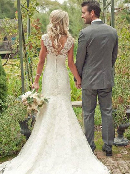 Small slim fit mermaid sleeveless brush neck V-neck lace wedding dress