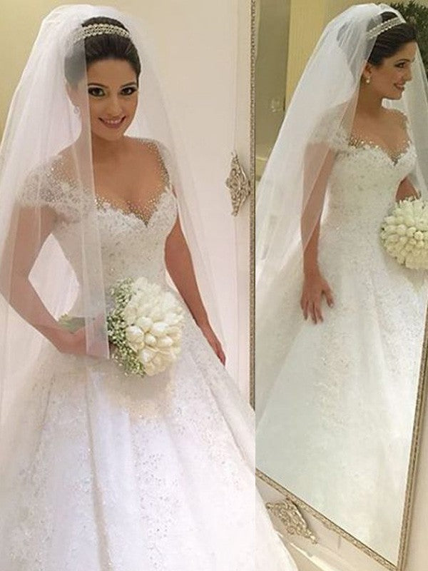 Sleeveless sexy V-neck beaded floor mopping sheer wedding dress