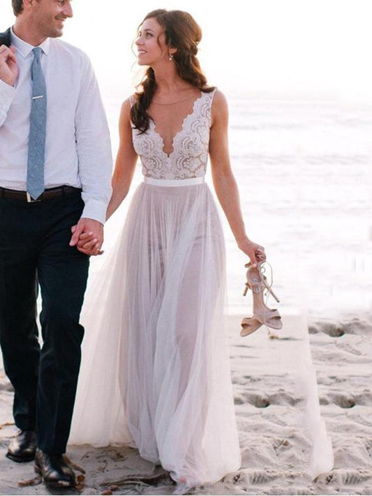 A-line princess strapless dress with sleeveless lace sheer wedding dress