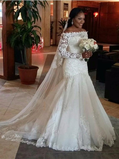 Mermaid Sexy Off the Shoulder Long sleeved Lace Sweeping Shoulder Brush Collar Tulle Wedding Dress